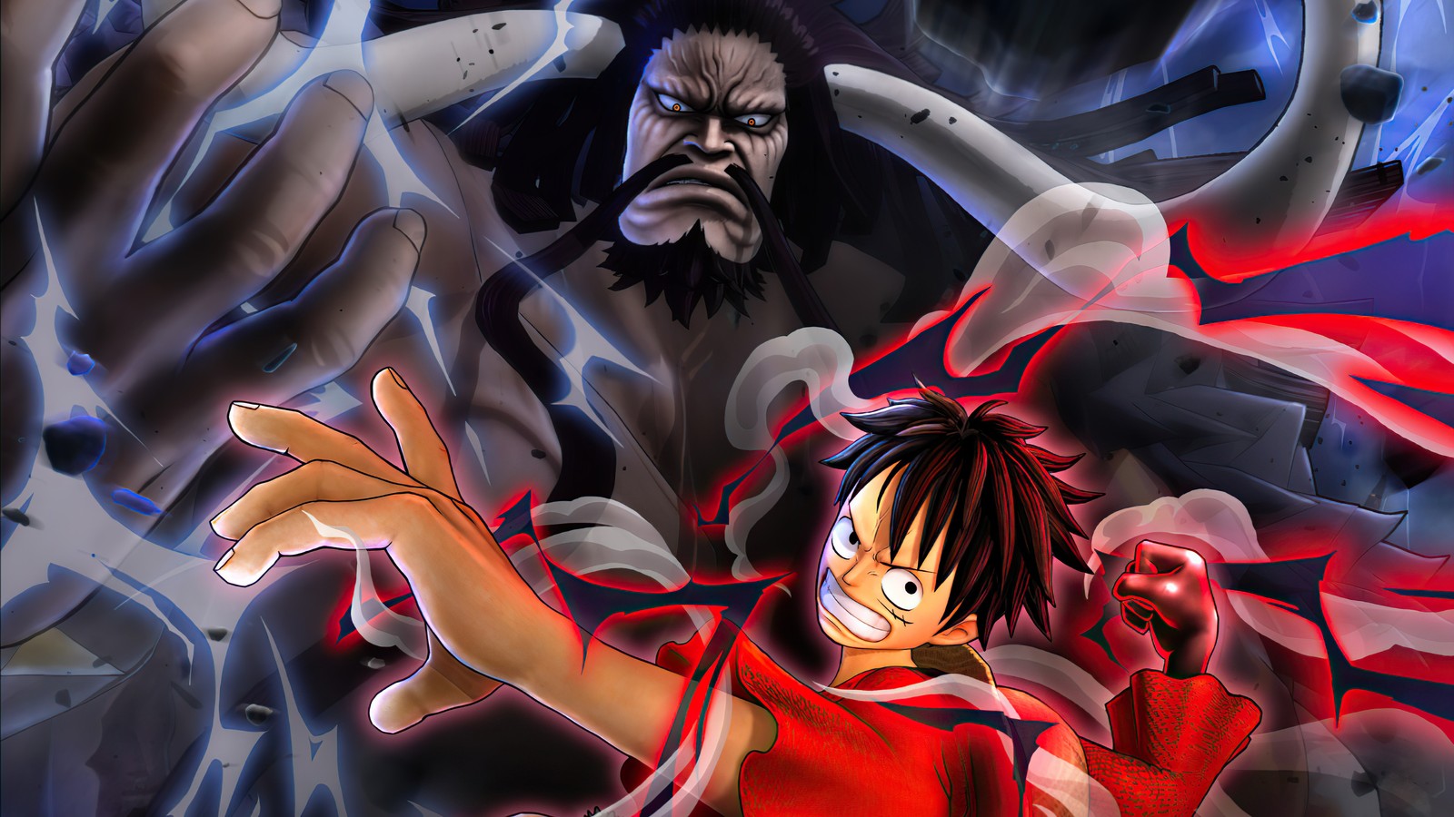 Personajes de anime en un grupo con un demonio (monkey d luffy, kaido, one piece pirate warriors 4, videojuego)