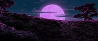 Paysage nocturne enchanteur avec une lune violette et une flore luxuriante