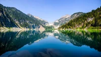 Lago de montaña sereno reflejado en aguas cristalinas