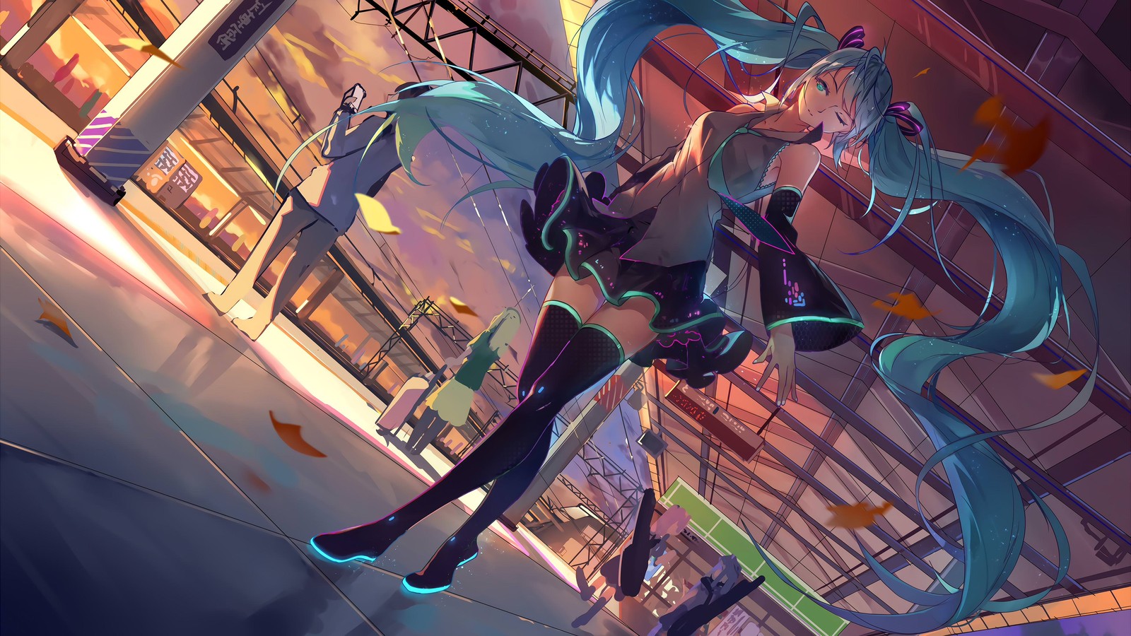 A woman in a black and blue outfit is walking down a street (hatsune miku, vocaloid, bunches, anime, art)