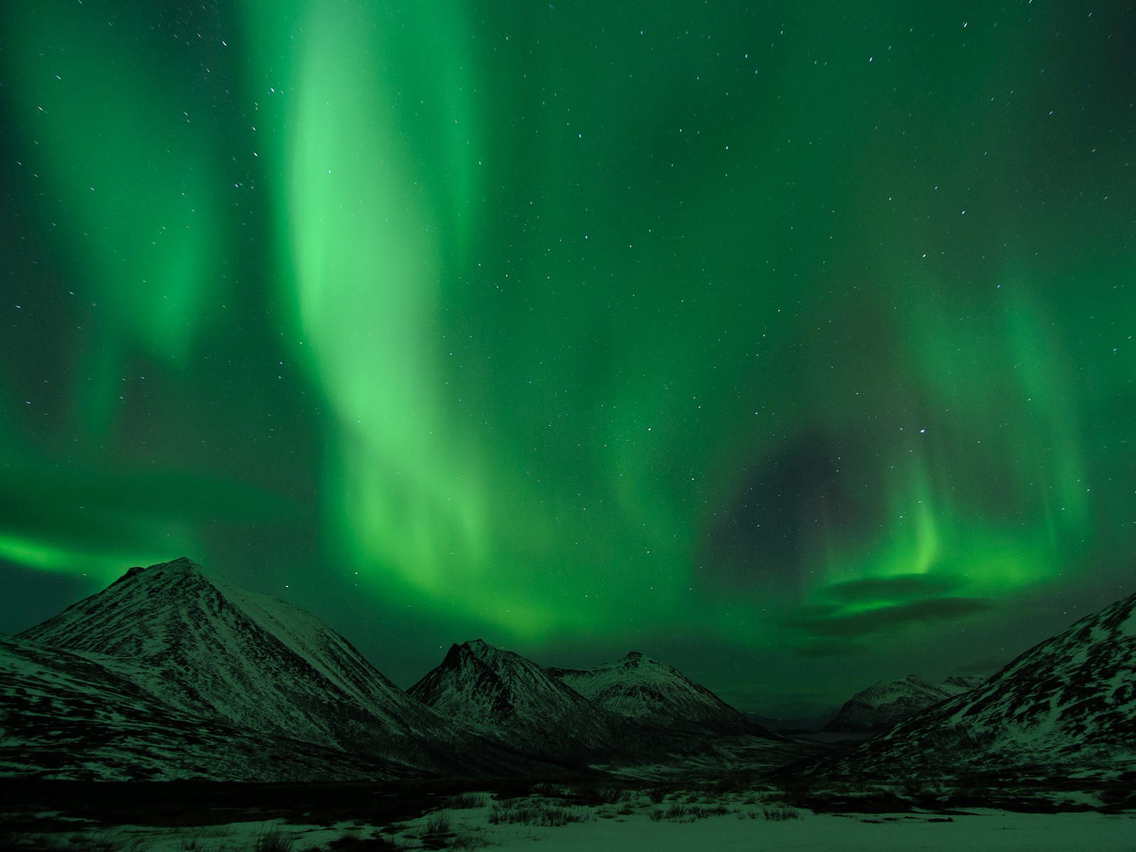 Ein grünes polarlicht über einem schneebedeckten gebirgen mit einem sternenübersäten himmel (aurora, natur, grün, licht, norwegen)