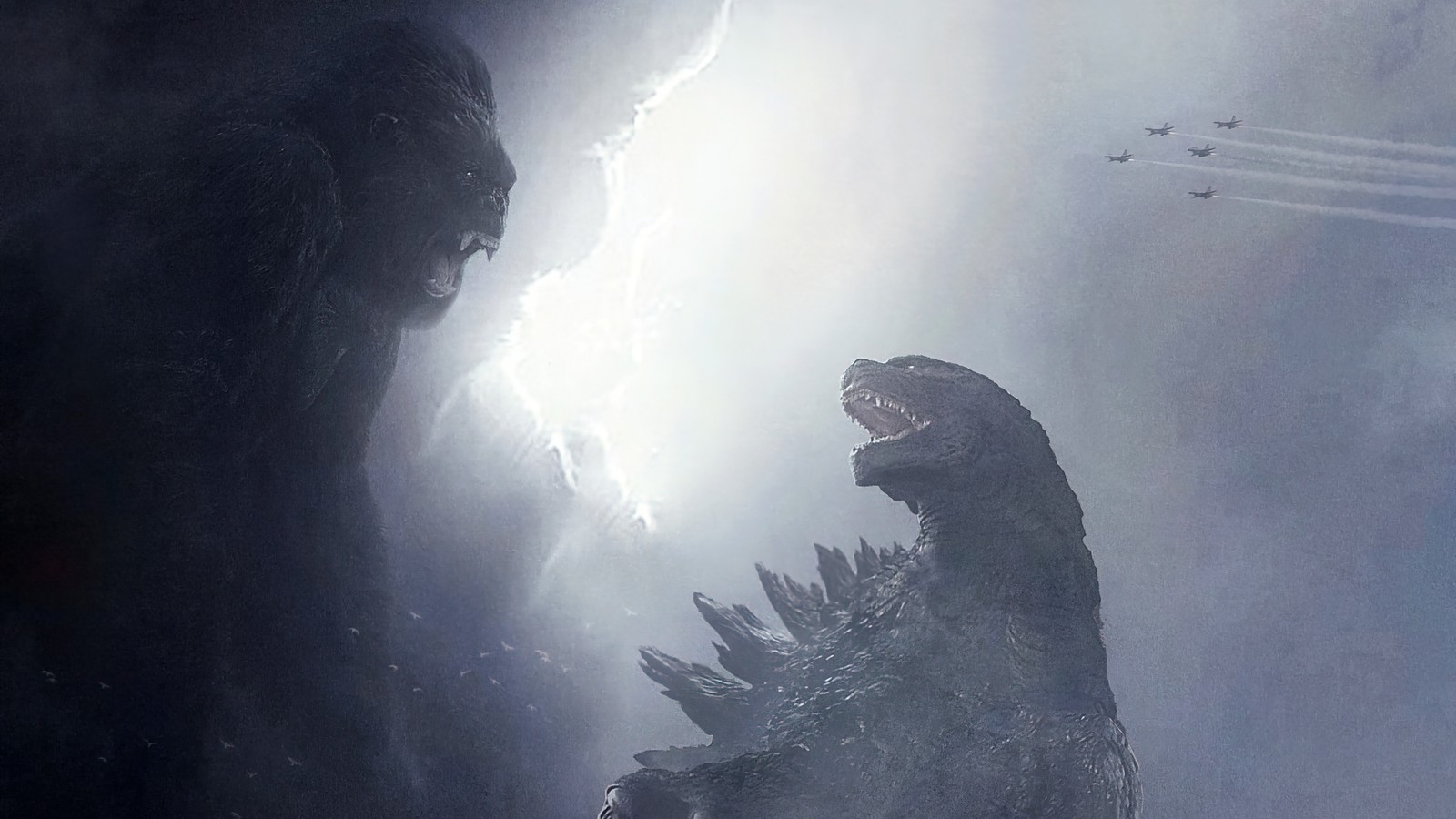 Godzilla erhebt sich aus dem boden mit jets, die über ihm fliegen (godzilla vs kong, 2021, film, kong)