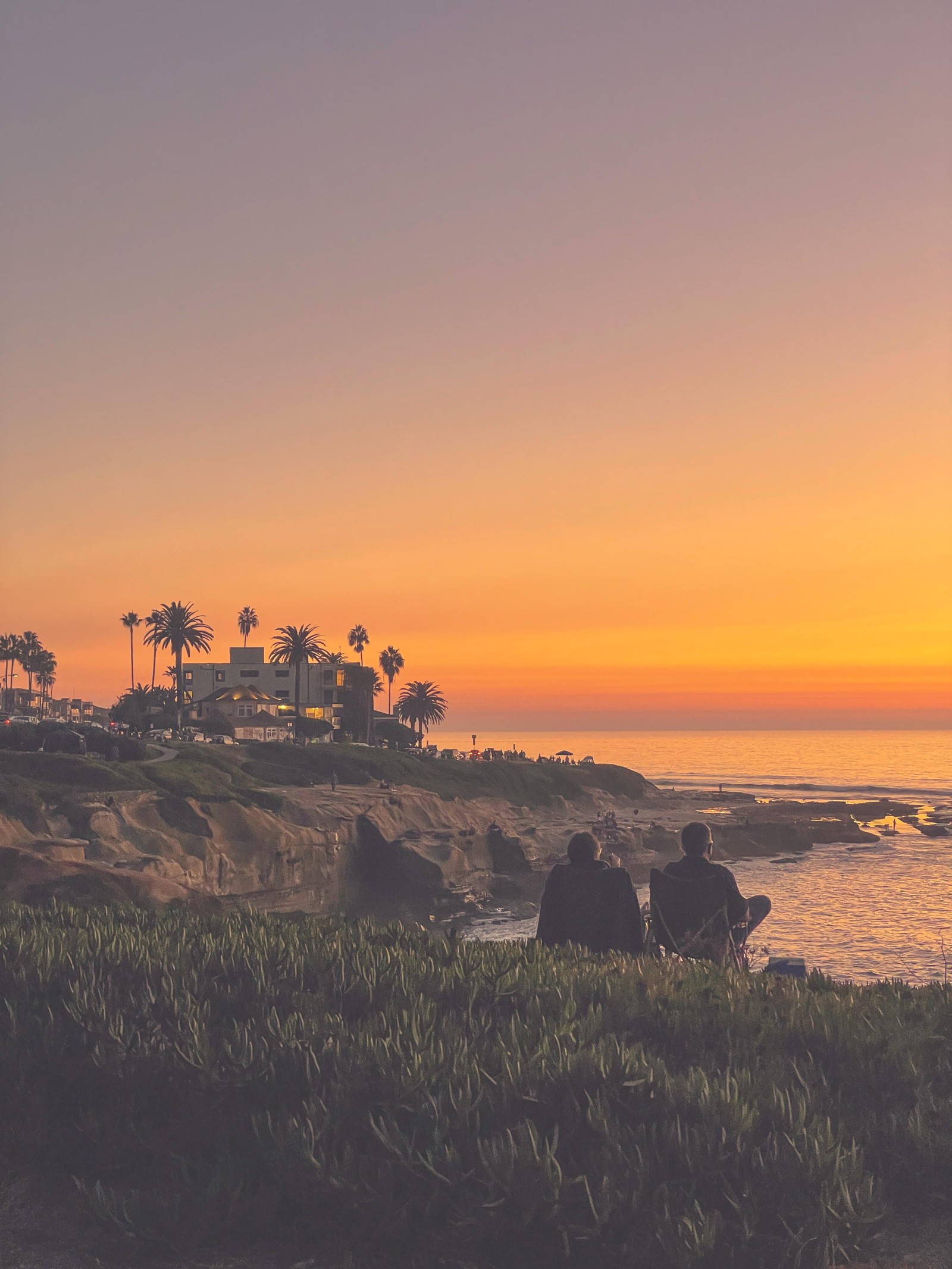 Duas pessoas sentadas na praia assistindo ao pôr do sol (planta, nuvem, água, paisagem natural, crepúsculo)