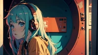 anime girl, lofi, listening music, headphones, anime