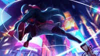 Miles Morales schwingt durch eine neonbeleuchtete Stadtlandschaft und verkörpert die dynamische Energie von Spider-Man in einem lebendigen, CGI-Kunststil.