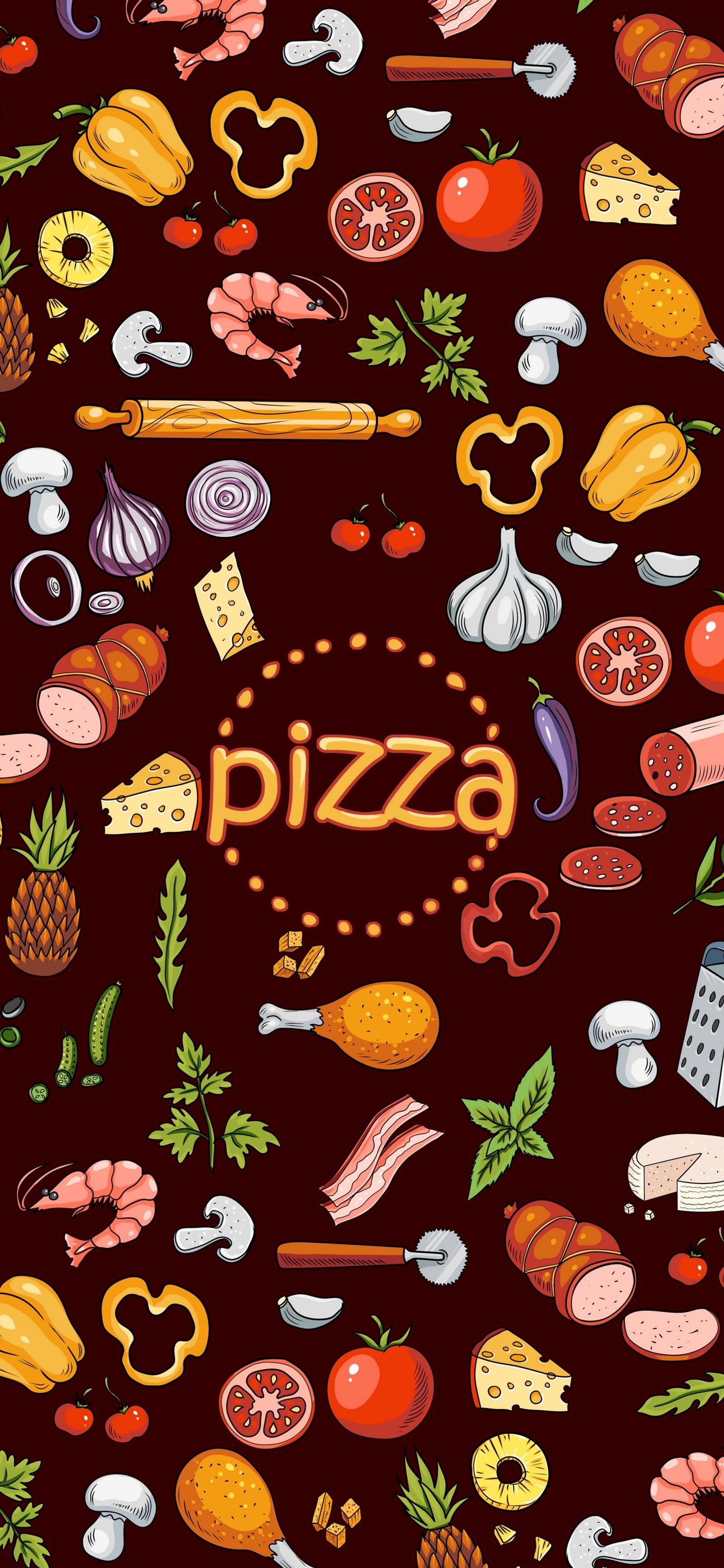 Gros plan d'un motif de pizza avec différents types de nourriture (affiche, conception graphique, arts visuels, dessin, orange)