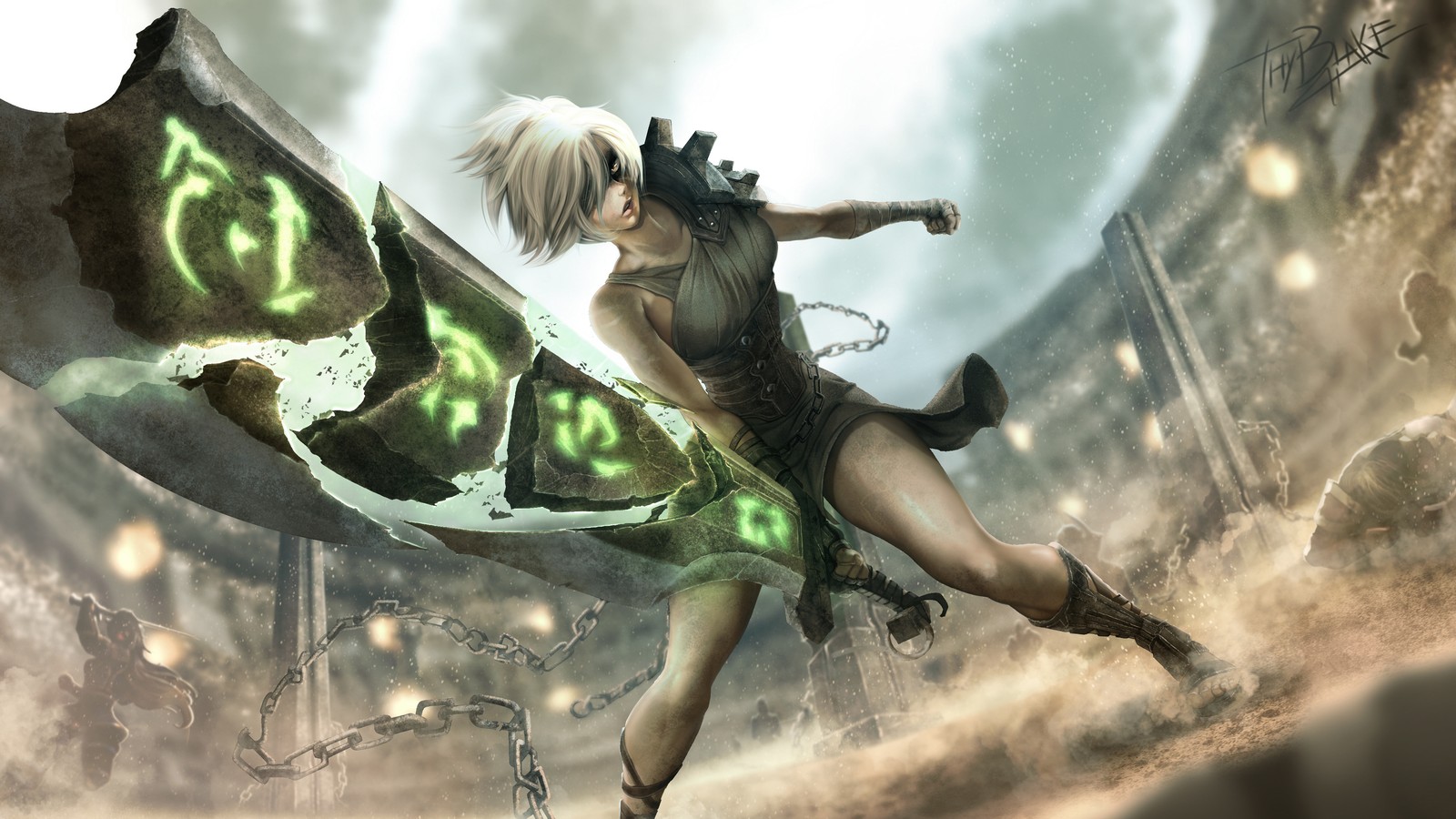 A close up of a person holding a sword in a field (riven, lol, league of legends, video game, sword)