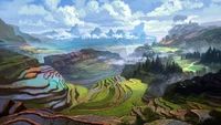 Majestic Terraced Rice Fields Amidst Mountain Landscapes