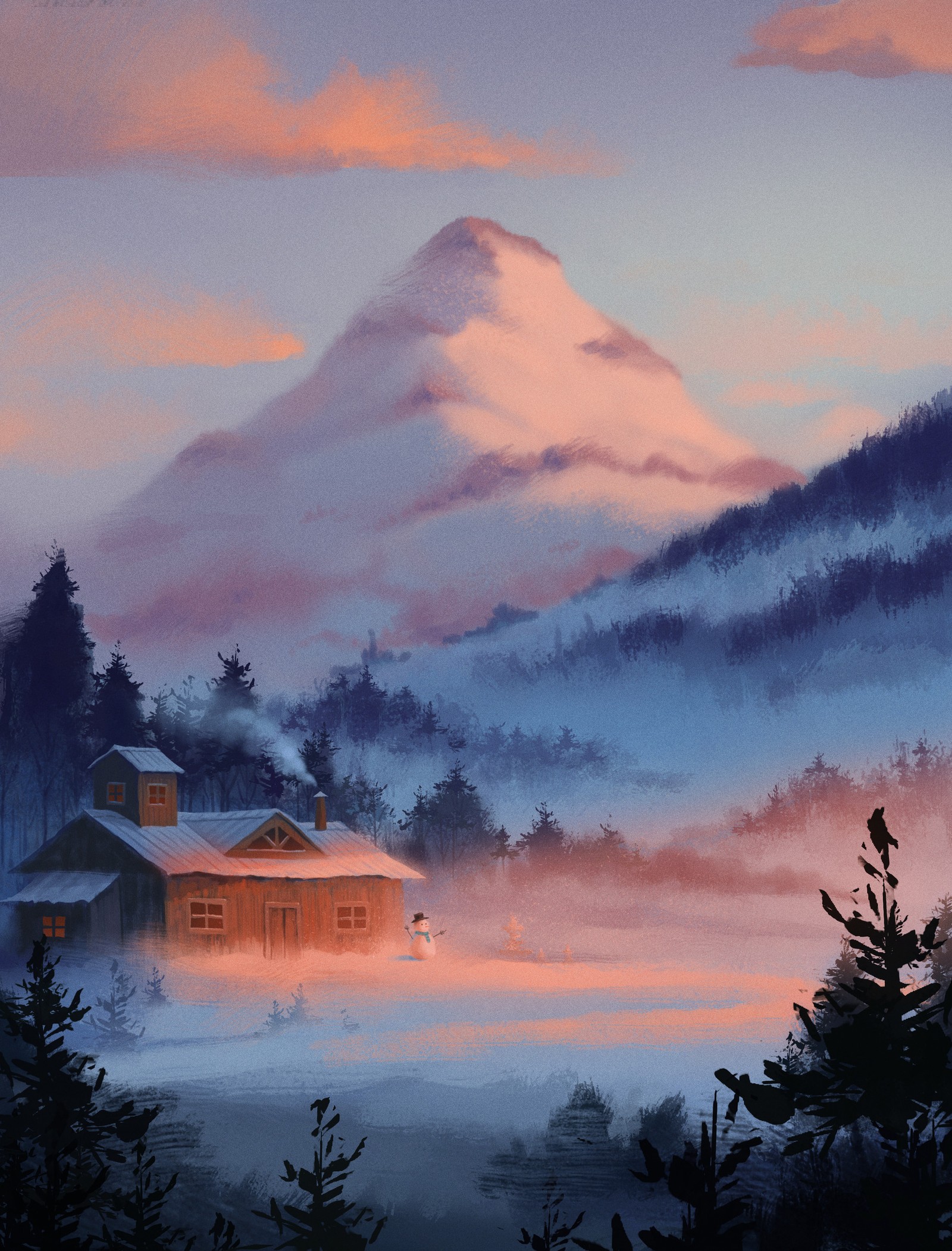 Painting of a house in the mountains with a mountain in the background (nature, cloud, mountain, natural landscape, afterglow)