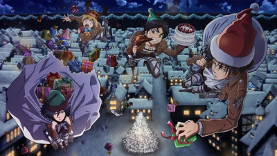 Attack on Titan Characters Celebrating Christmas with Gifts and Festive Cheer