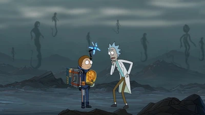 Rick y Morty en un paisaje desolado, con elementos que recuerdan a Death Stranding.