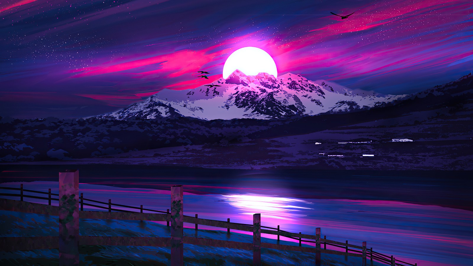 Un coucher de soleil violet et rose au-dessus d'une montagne avec une clôture (nuit, lune, montagne, paysage, art numérique)