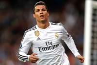 Cristiano Ronaldo celebrating a goal during a UEFA Champions League match for Real Madrid.