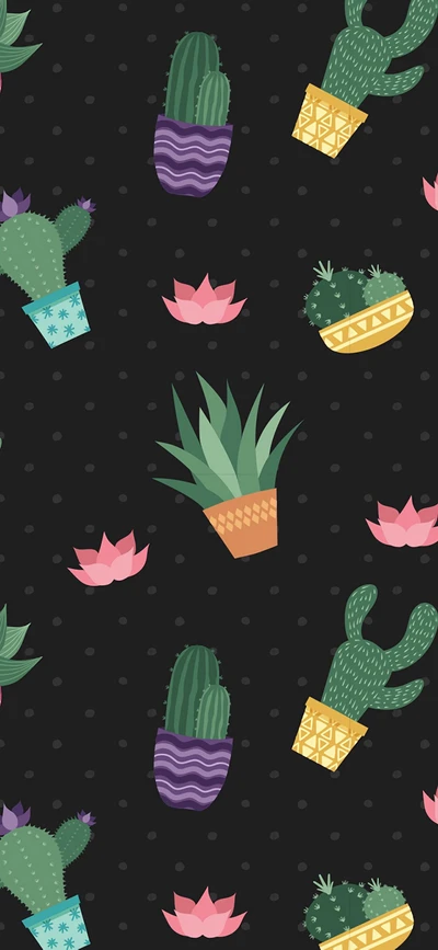 Motif coloré de cactus et de succulentes sur fond sombre