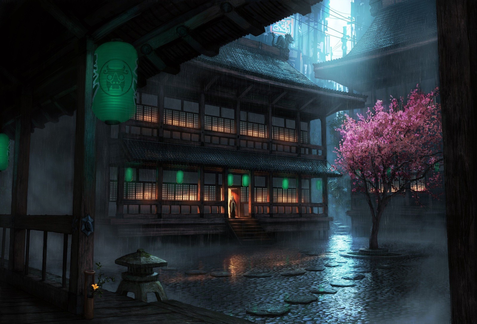 A close up of a building with a tree in the rain (cherry blossom, light, architecture, water, night)