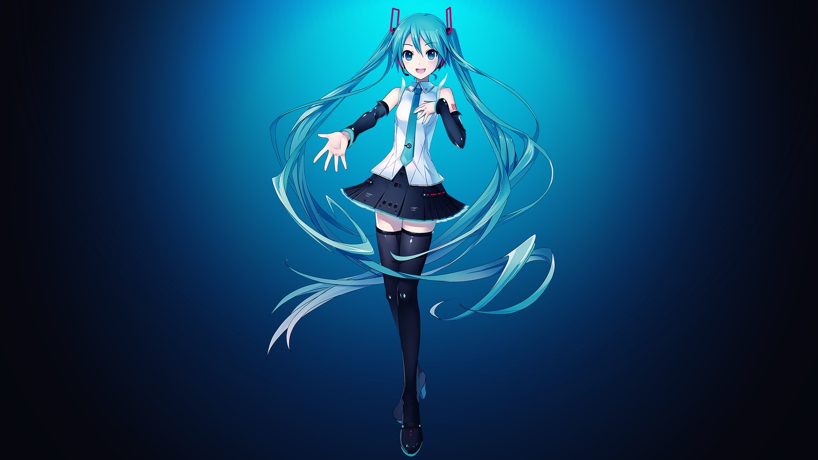 Chica de anime con cabello largo y ojos azules en un vestido negro (hatsune miku, azul profundo, chica japonesa, chica de anime, anime)