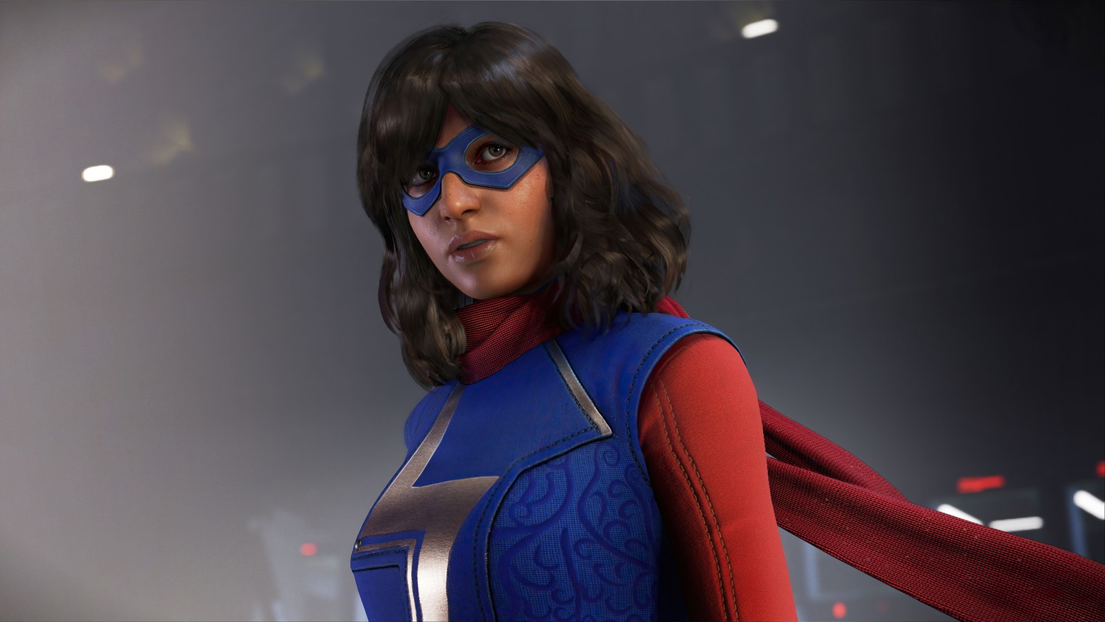 A woman in a blue and red outfit with a cape (ms marvel, kamala khan, marvels avengers, video game)