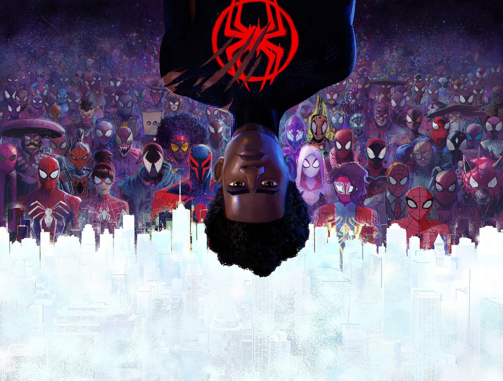 Spider-man à l'envers devant une foule de personnes (spider man à travers le spider verse, spider man across the spider verse, miles morales, films 2023, spiderman)