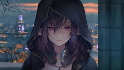 Enigmatic Elf in a Hood Amidst a Twilight Cityscape