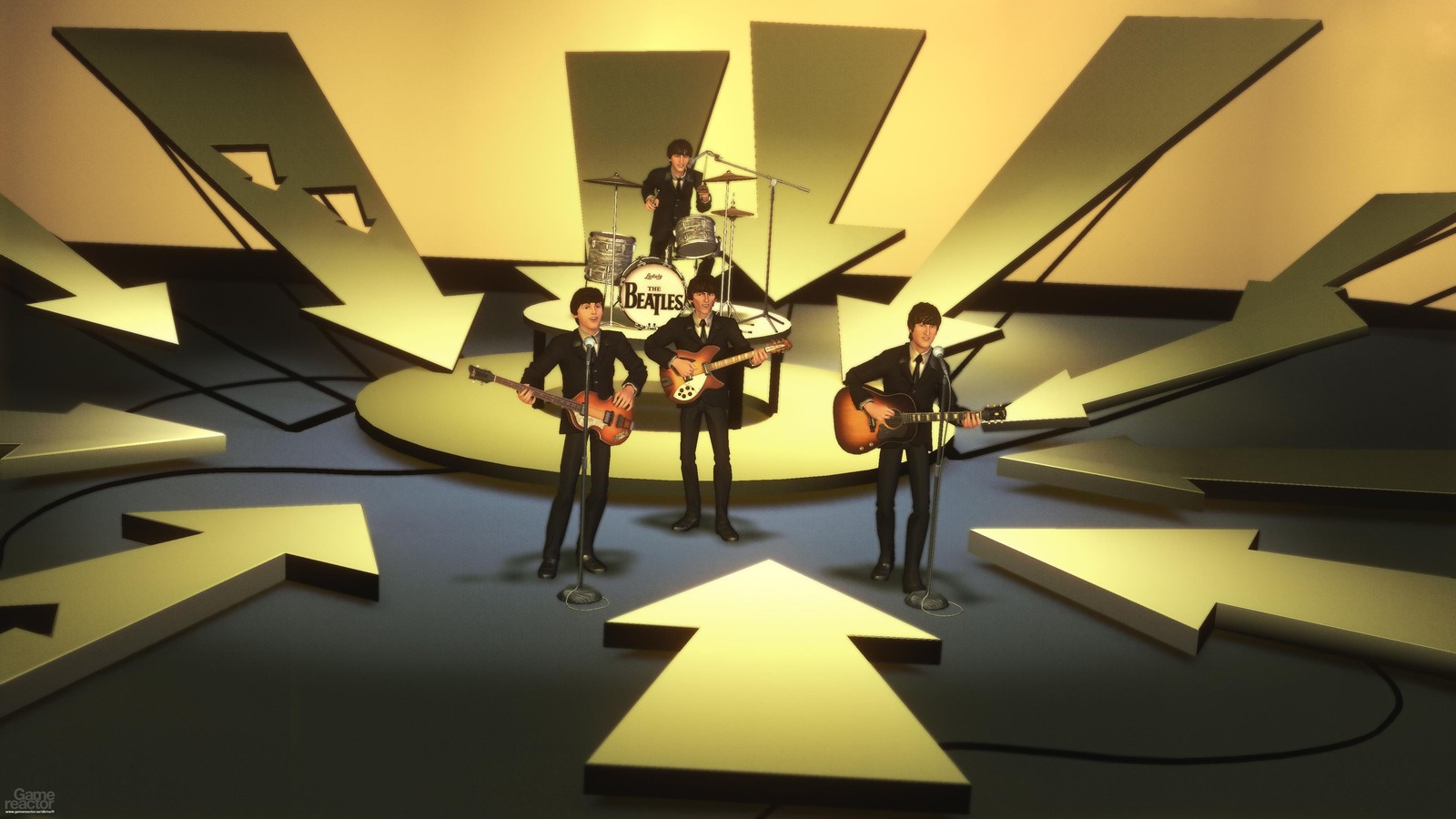 A close up of a group of people playing guitar in a room (the beatles, interior design, art, interieur, video games)