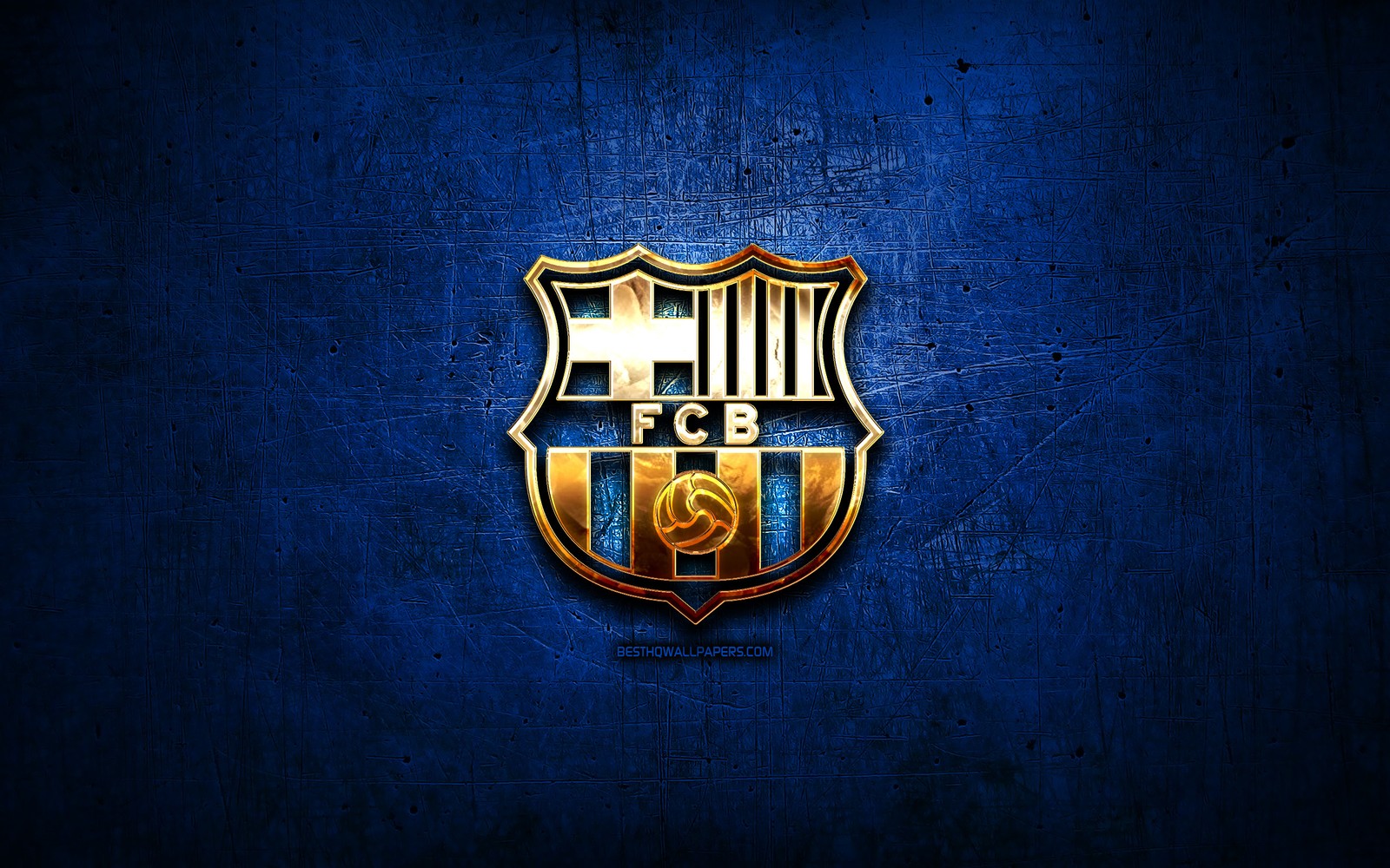 Un primer plano de un emblema azul y dorado en una pared azul (barca, barcelona, club, fc barcelona, fútbol)