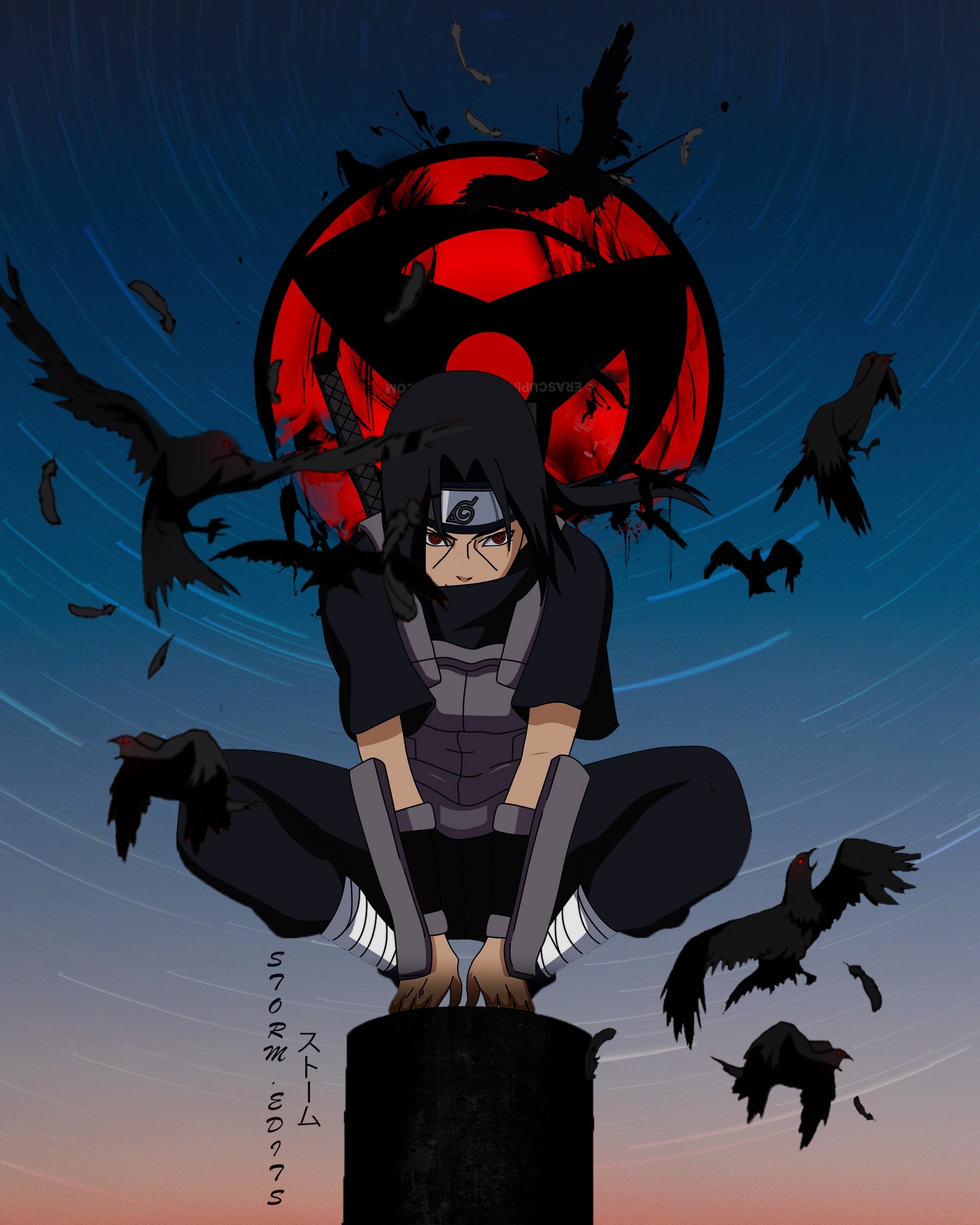 Персонаж аниме сидит на столбе, вокруг него летают вороны (itachi, kakashi, мадара, madara, мангекё шариган)