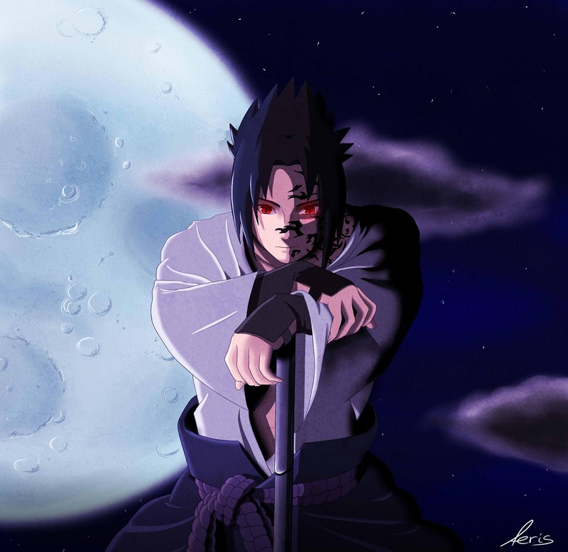 Garçon anime avec une épée devant la pleine lune avec des nuages (naruto, zorooo772)