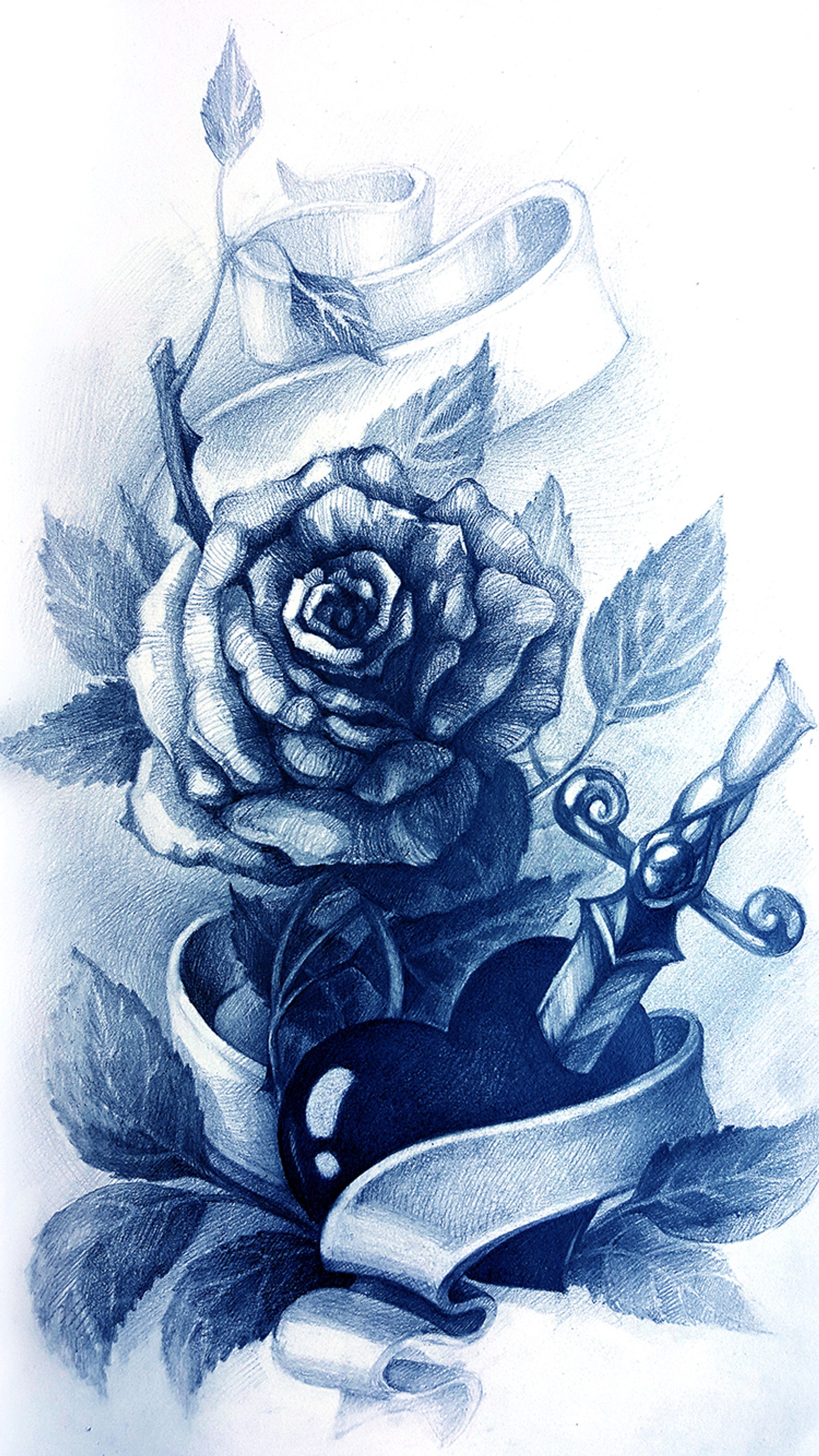 Dibujo de una rosa con tijeras y una cinta (arte, genial, diseño, hipster, tinta)