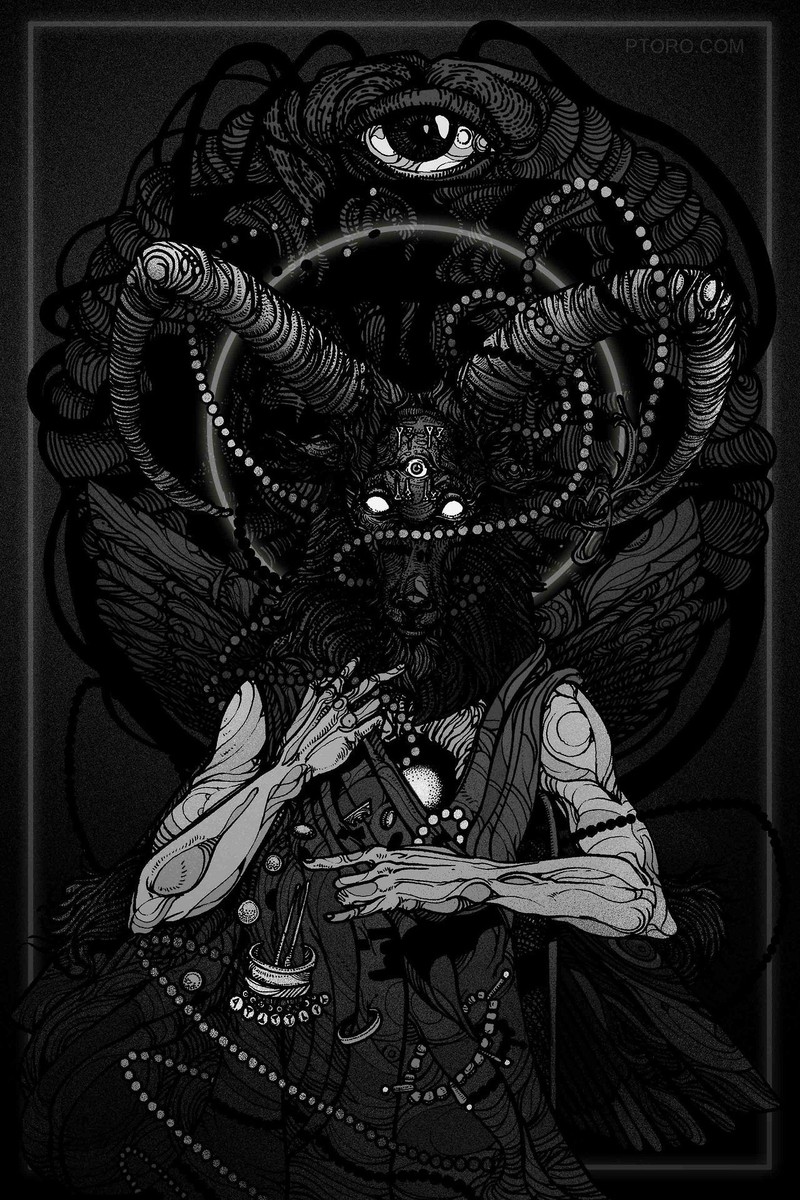 Черно-белый рисунок демона с большой головой (бапомет, baphomet, зло)