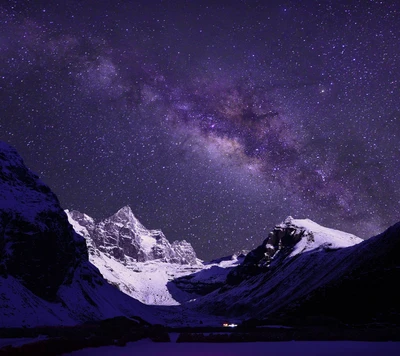 Starlit Mountains Under a Purple Galaxy