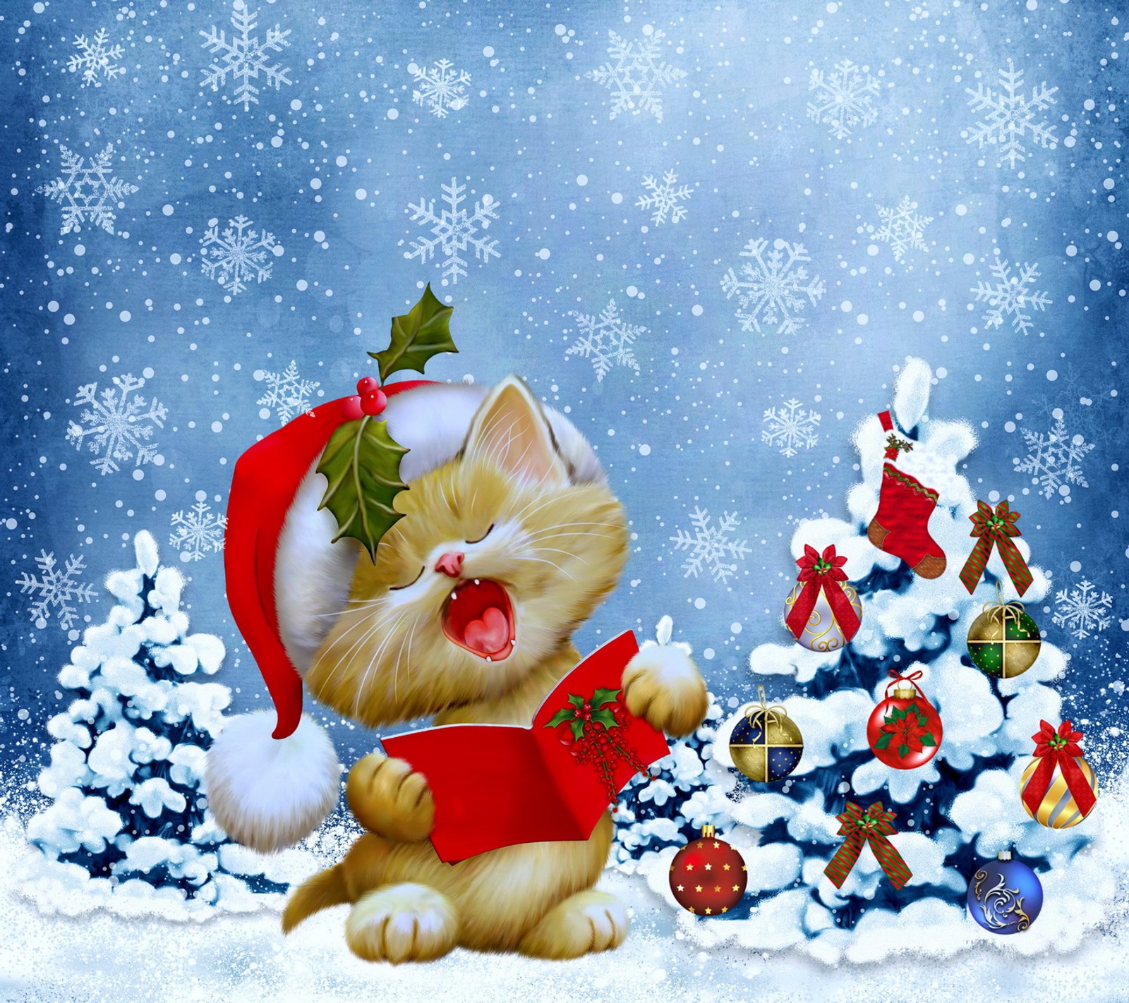 Christmas cat with a book in front of a christmas tree (christmas, kitten, merry, snowflakes, song)