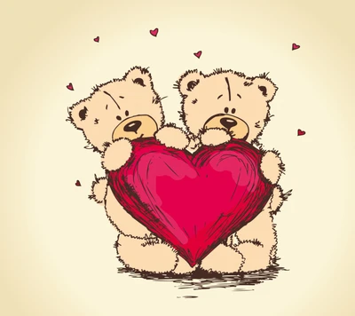 Two cute teddy bears holding a large red heart, surrounded by small hearts, depicting love and friendship.