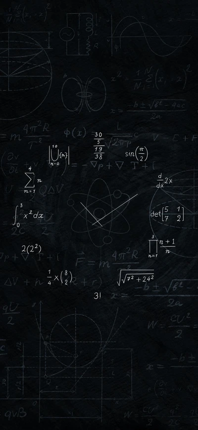 Black chalkboard filled with mathematical equations and diagrams, featuring symbols of physics and calculus.