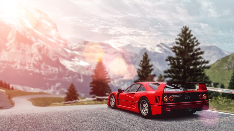 Близкий план красного спортивного автомобиля, движущегося по дороге (ferrari f40, машина, спортивный автомобиль, красный, гран туризм спорт)