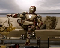 Iron Man Relaxing in a Modern Living Room Setting