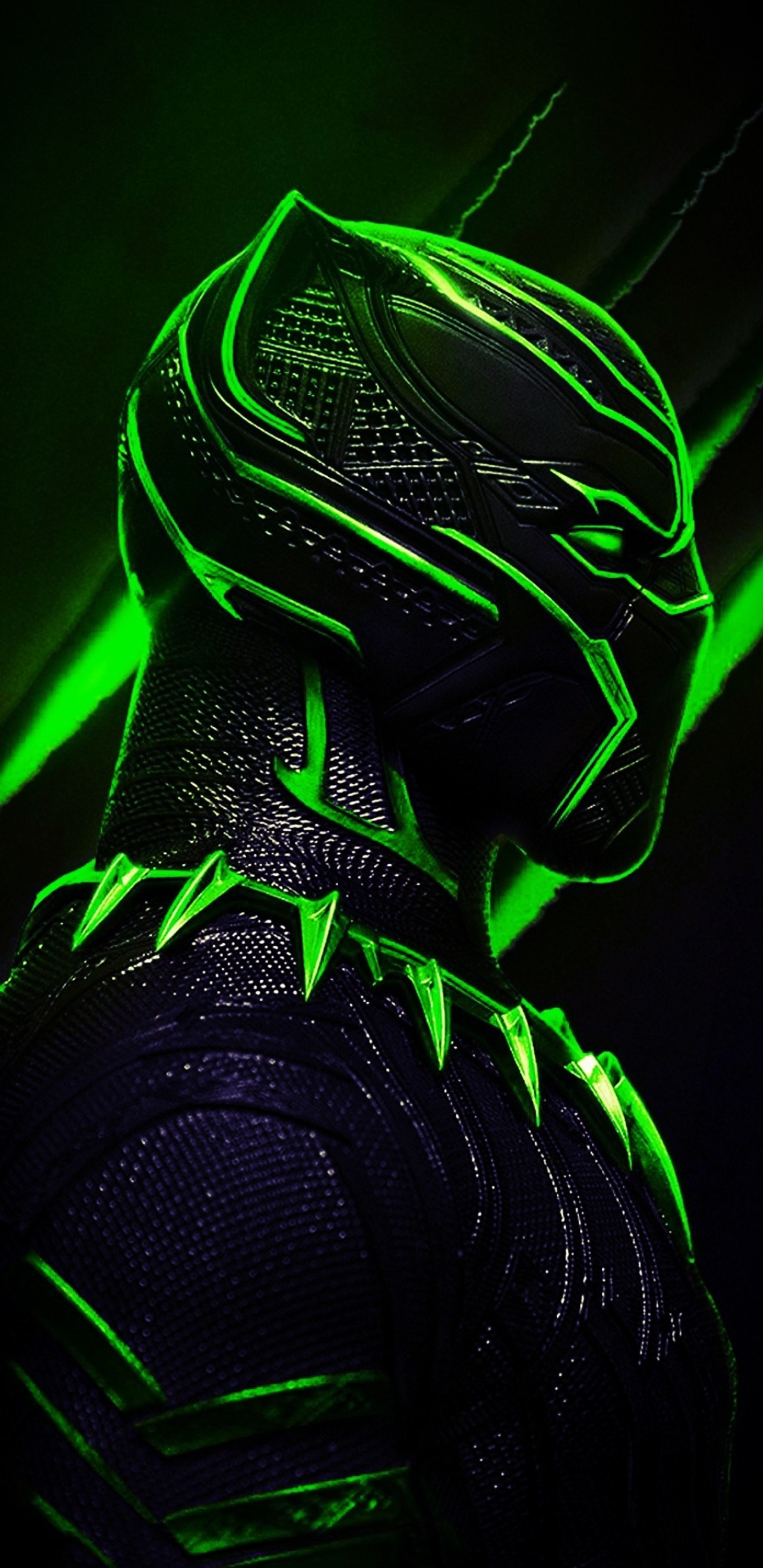 A close up of a person wearing a black and green costume (black panther, film, green, neon)