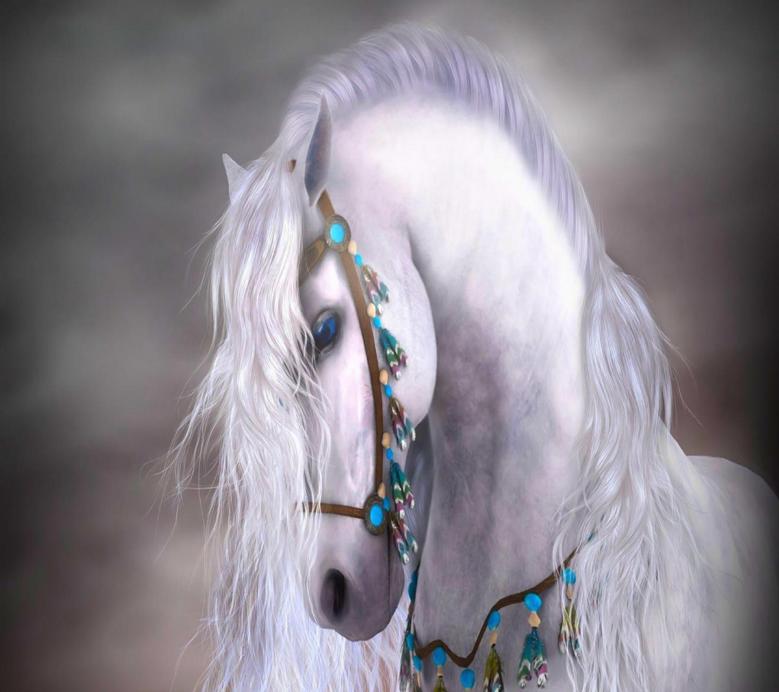 Painting of a white horse with a blue and gold bridle (animals, fantasy, horse, white horse)