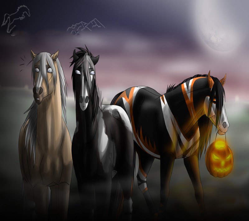 Trois chevaux se tiennent en ligne avec une citrouille dans la bouche (halloween, beaux papiers peints)