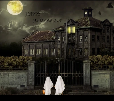 Spooky Ghosts at a Haunted House: Happy Halloween