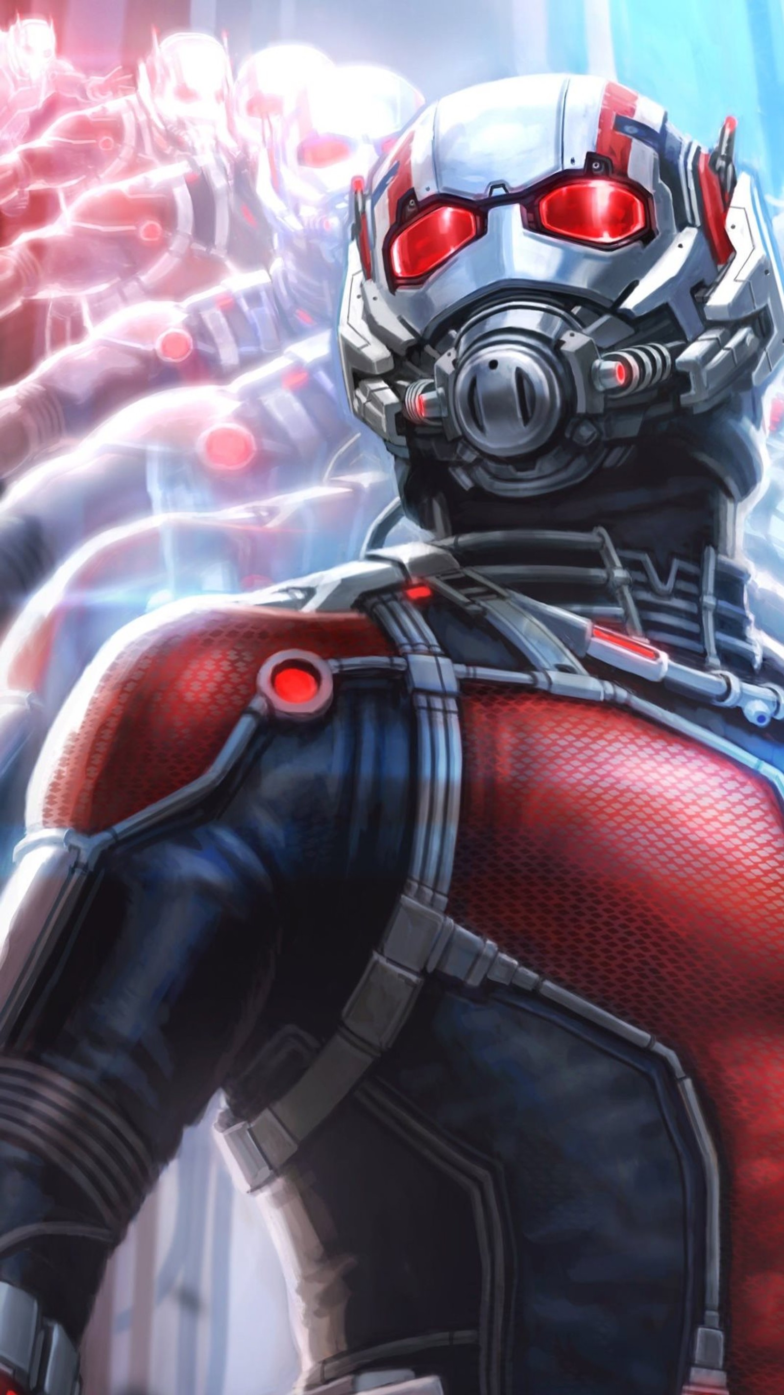 A close up of a person in a suit with red eyes (antman, marvel)