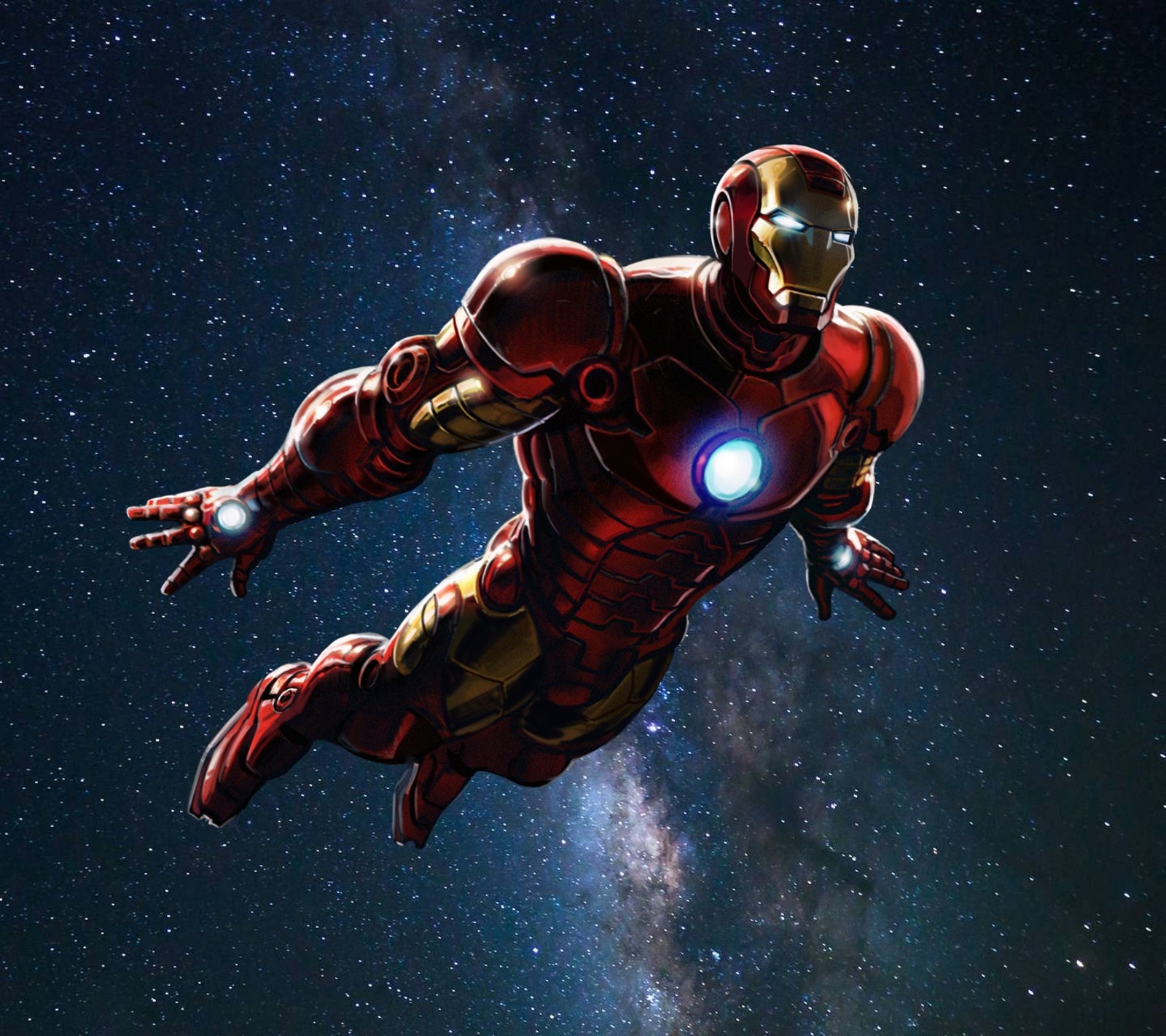 Iron man volant dans les airs avec une galaxie en arrière-plan (divertissement, logo, film)