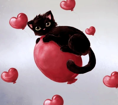 Lindo gatito negro posado sobre un globo rojo en forma de corazón entre globos de corazones flotantes.