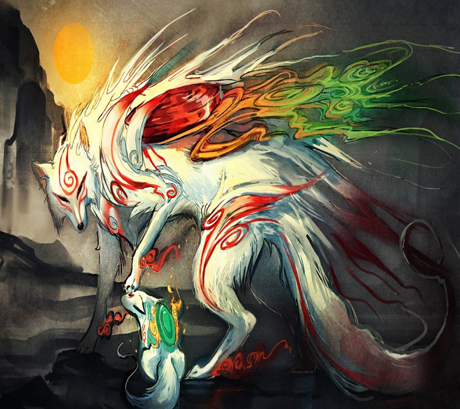 Painting of a white horse with a red tail and a green tail (games, okami, shiranui, video games, white)