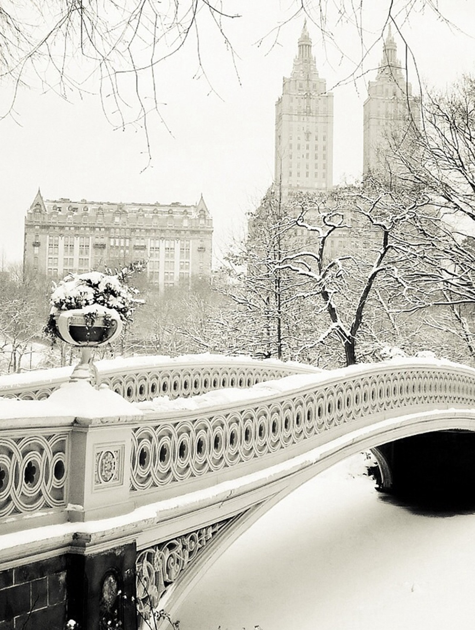 Araffe bridge over a snowy river with a building in the background (best, cool, enjoye, nature, snow)