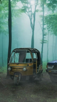 Auto rickshaw abandonado en un entorno forestal brumoso