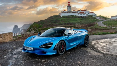 McLaren 750S Купе на фоне прибрежного пейзажа на закате