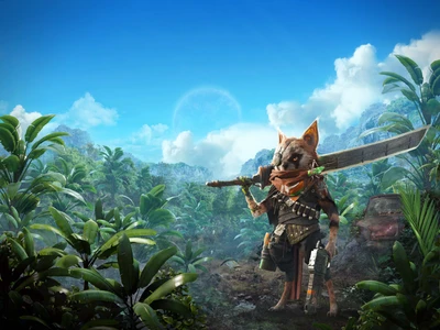 Um personagem animal antropomórfico e heroico, equipado com uma espada e equipamento tático, está em uma selva exuberante, cercado por uma vegetação vibrante e um céu azul claro, incorporando o espírito de um jogo de ação e aventura.