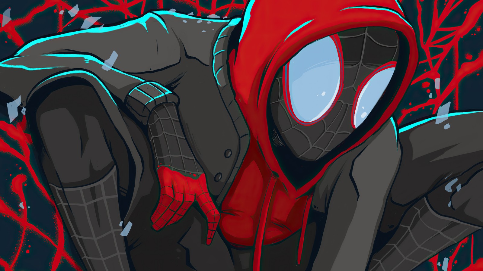 L'homme araignée en hoodie rouge et costume noir avec des toiles d'araignée rouges (miles morales, spider man, marvel comics, super héros, bandes dessinées)