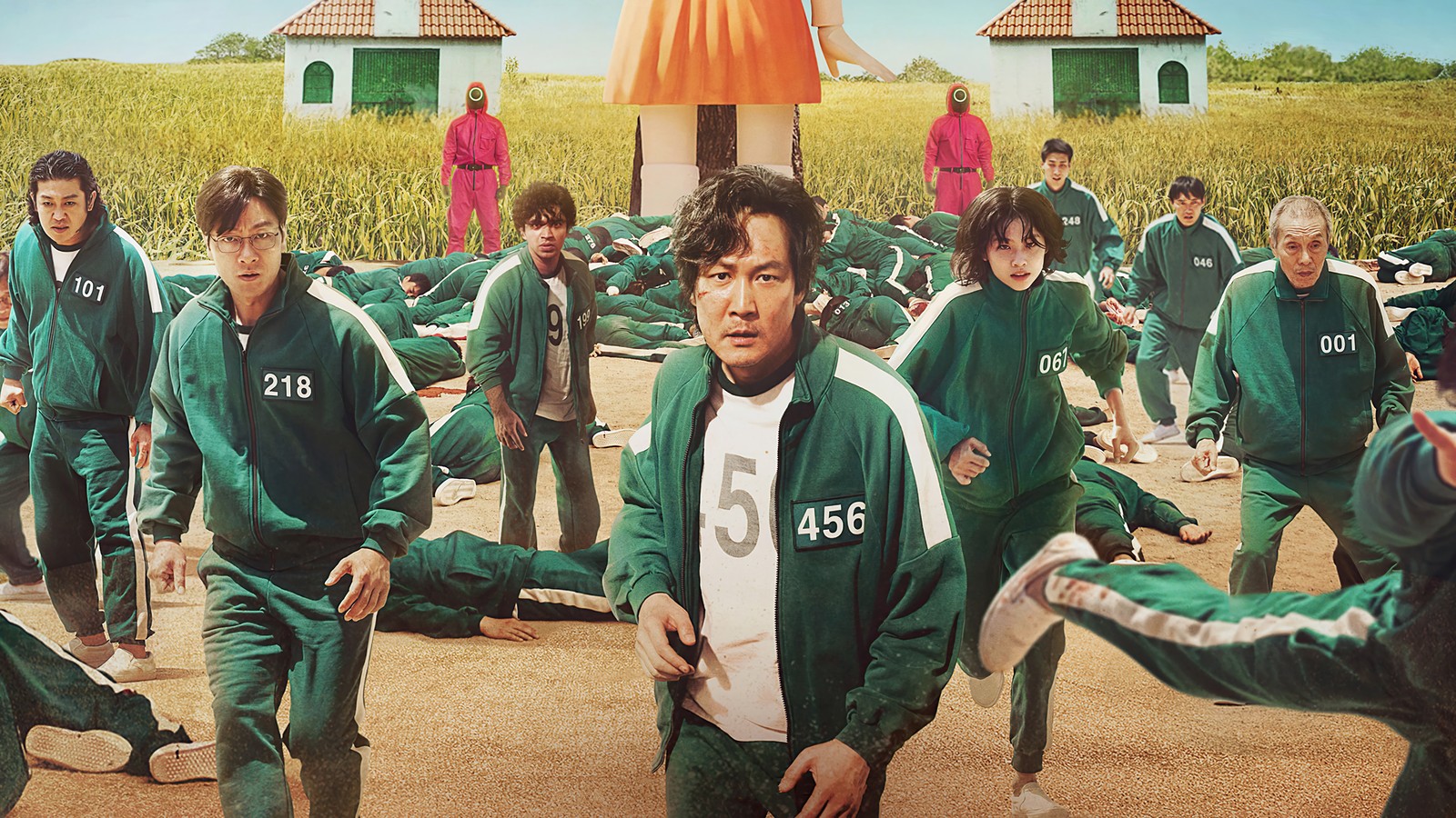 There are many people in green uniforms standing in a field (squid game, netflix, tv series, red light green light)