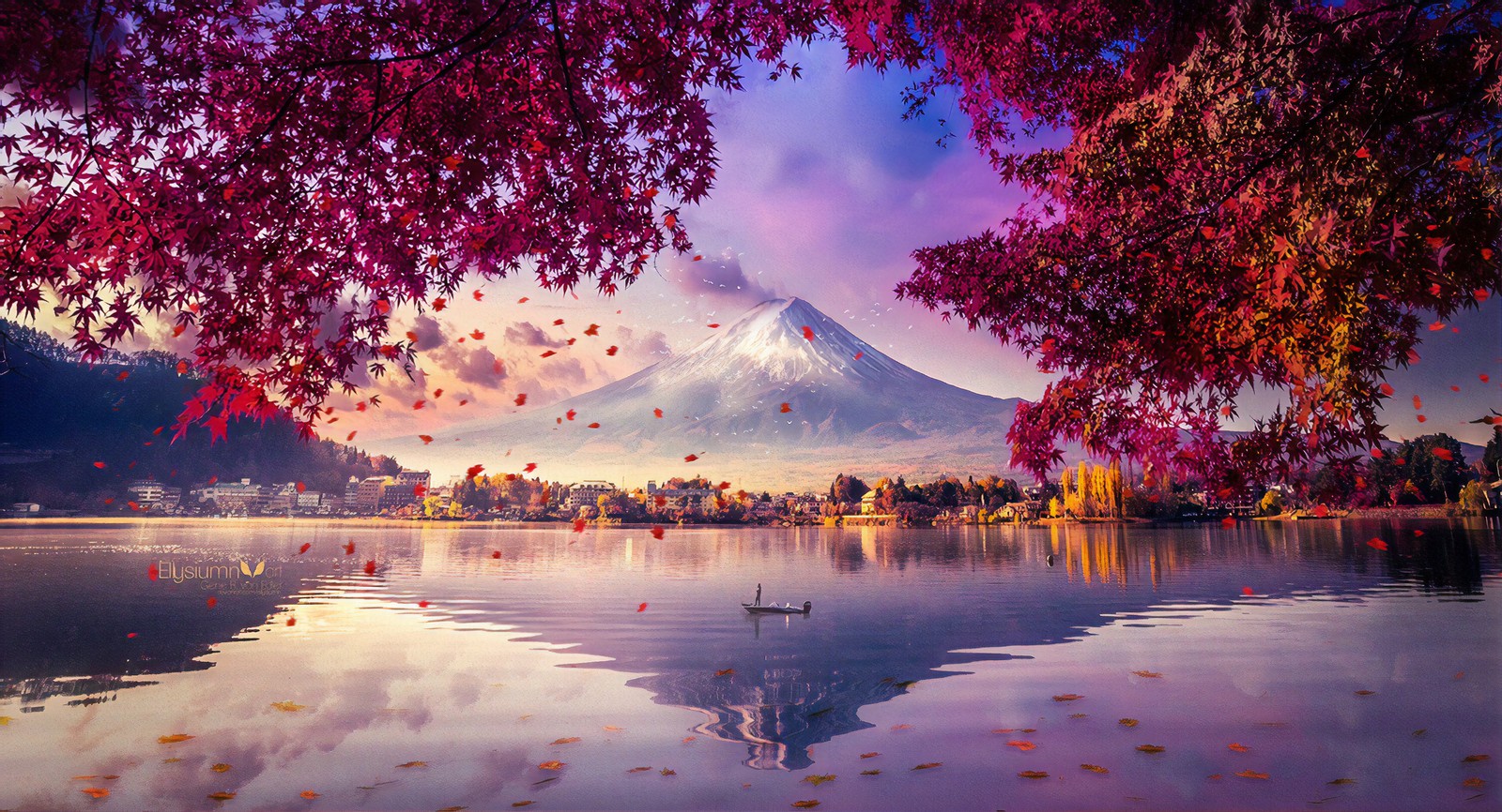 Uma vista de uma montanha com um lago e árvores em primeiro plano (monte fuji, montanha, natureza, paisagem natural, reflexo)